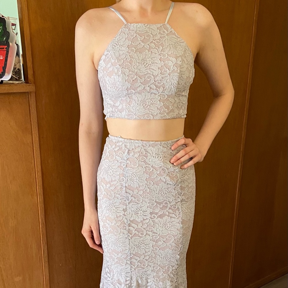 Two piece pastel blue lace dress